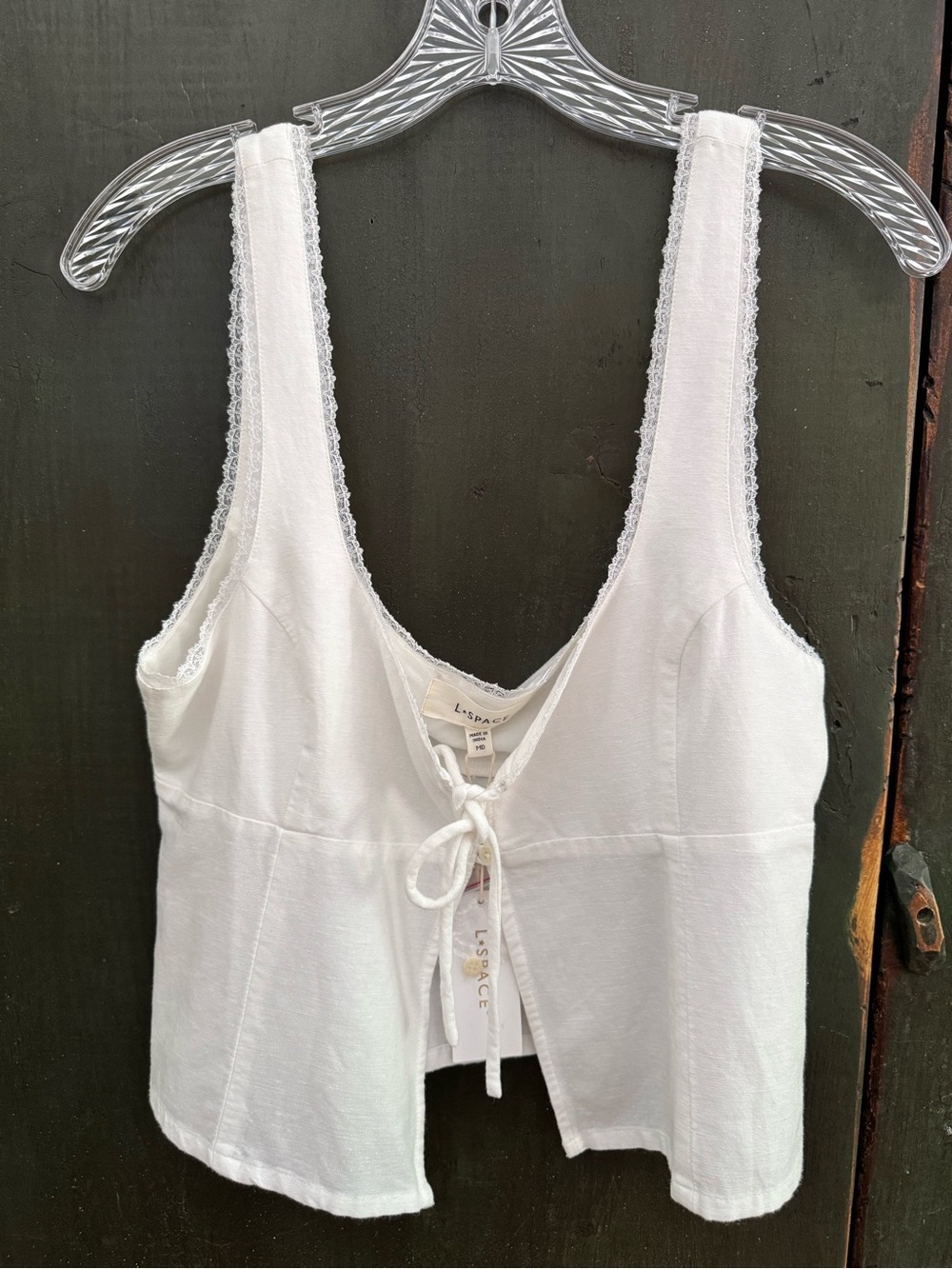 l*space Women’s Rosa Top Cream White Lace Trim Tie-Front, Linen Blend, Size M